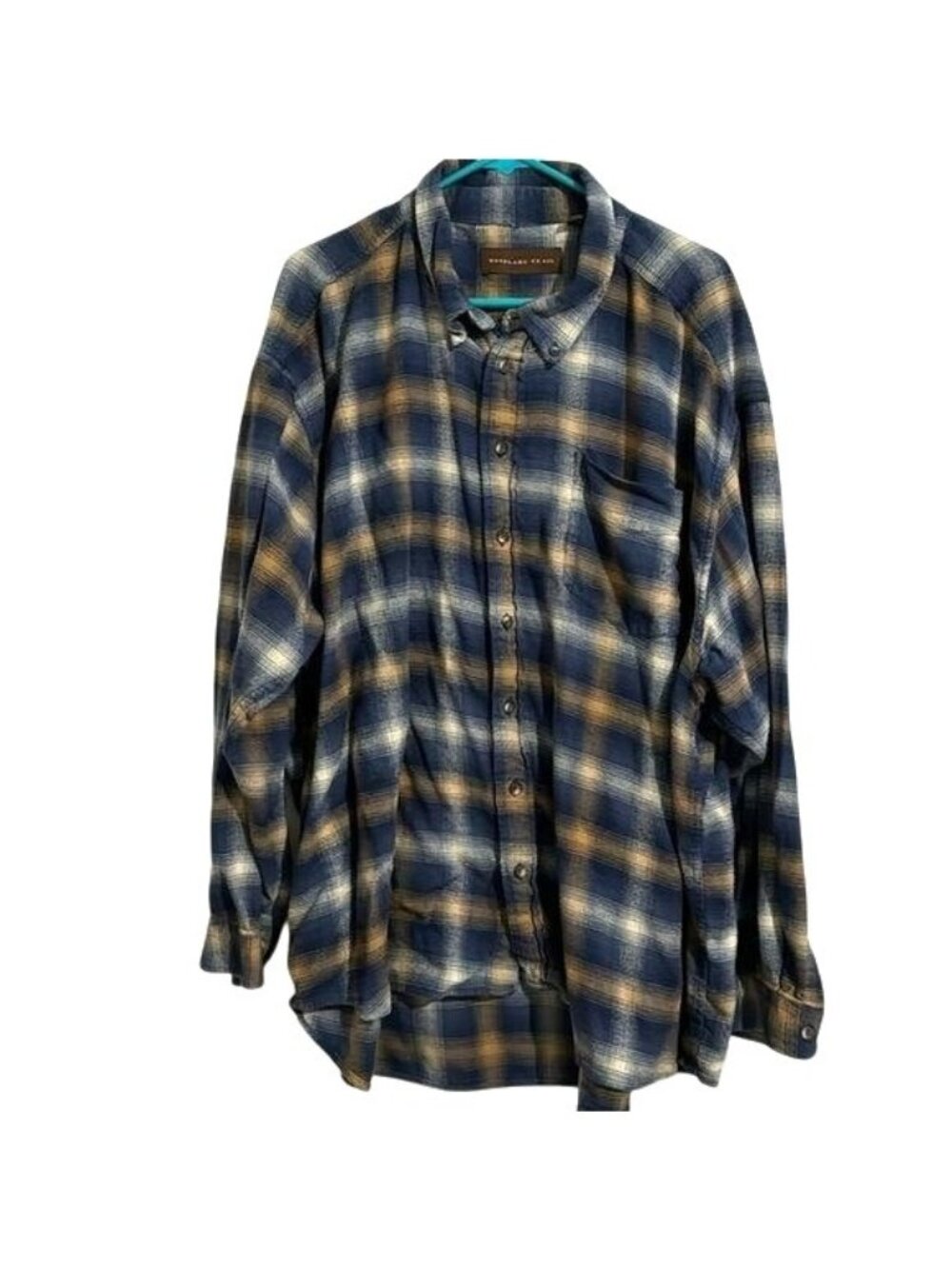 Mens Woodland Trail Blue & Tan Plaid Button-Up Shirt 3X Cotton/Rayon Blend Made